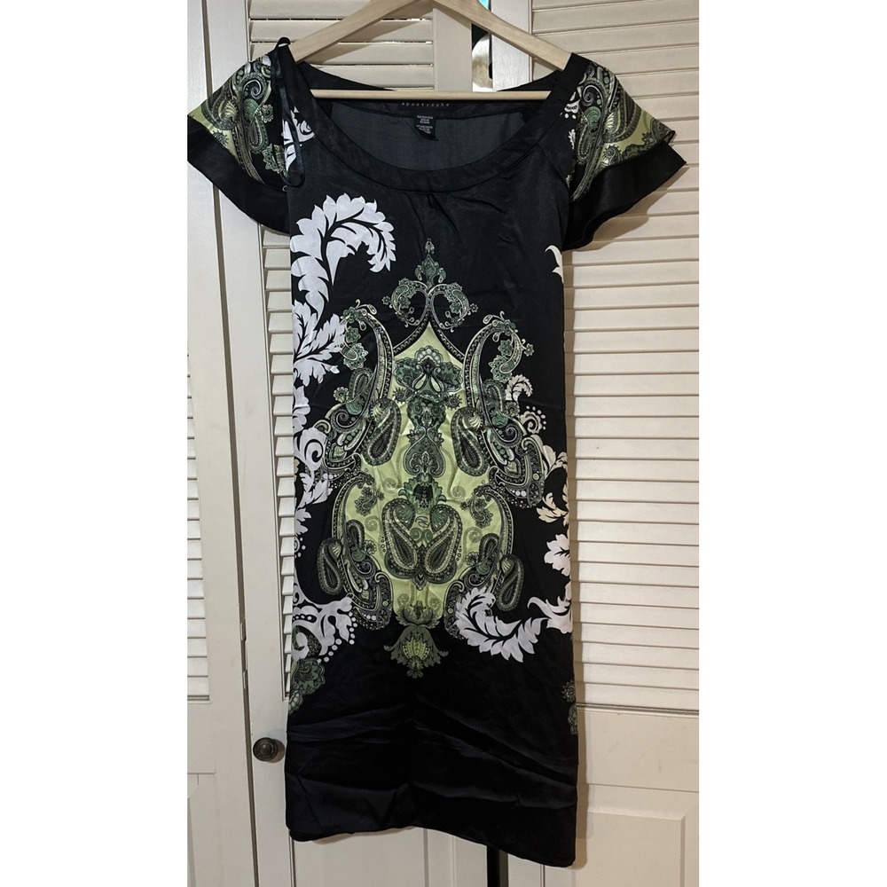 Silky Dress Paisley Flutter Sleeve Sz M Apostrophe Green Black‎ White Tie Belt